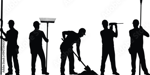 Construction worker silhouettes collection, builders with shovel, rake, drill and digging tools in working poses, industrial labor workforce vector illustration set