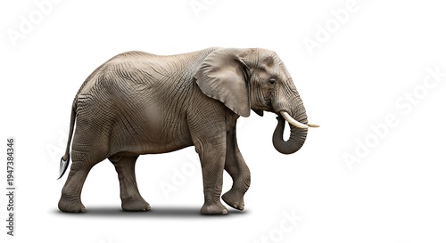 Majestic african elephant walking gracefully across a clean white background showcasing its weathered grey skin texture and impressive tusks isolated studio shot with soft