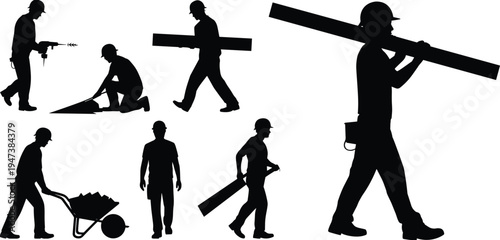 Construction worker silhouettes collection, industrial builders working with tools drilling digging carrying beam and wheelbarrow, manual labor team vector illustration isolated on white background