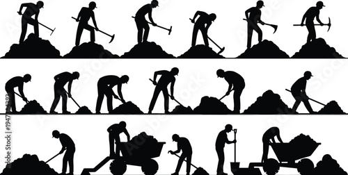 Construction worker silhouettes digging soil with pickaxe and shovel, manual labor team performing excavation and earthmoving tasks at building site vector illustration