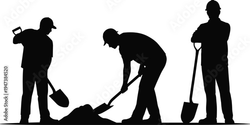 Construction worker silhouettes digging soil with shovel, manual labor team performing excavation and groundwork at building site, industry labor vector illustration