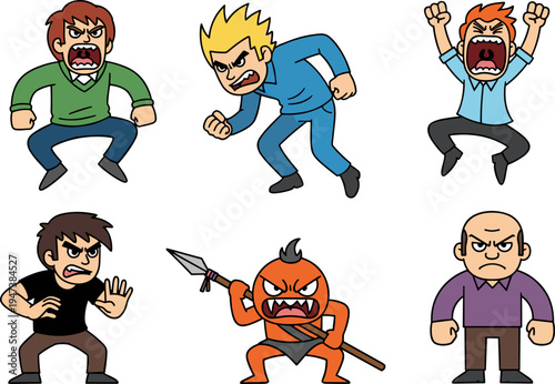 angry cartoon characters set, aggressive male emotions, shouting fighting poses, comic rage expressions, funny angry people illustration collection