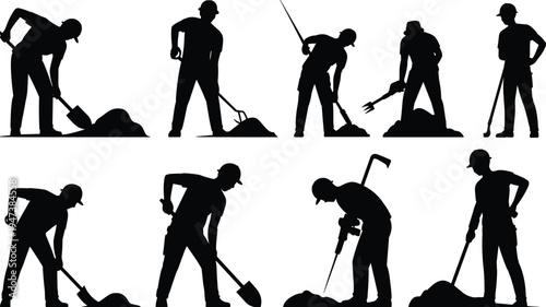 Construction worker silhouettes digging soil with shovel, rake and drill, manual labor team performing excavation and groundwork at building site vector illustration