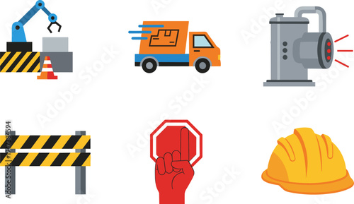 Construction industry icon set, industrial safety equipment icons, delivery truck robotic arm pipeline barrier stop sign helmet vector illustration