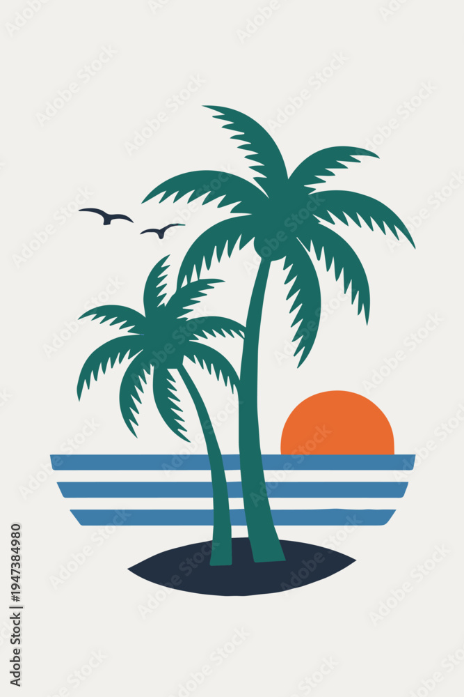 Fototapeta premium beach palm trees sunset vector illustration travel icon