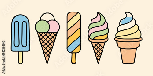 ice cream popsicle cone soft serve dessert vector illustration set