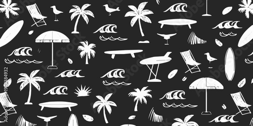 beach seamless pattern surfboard palm tree sun wave background repeat