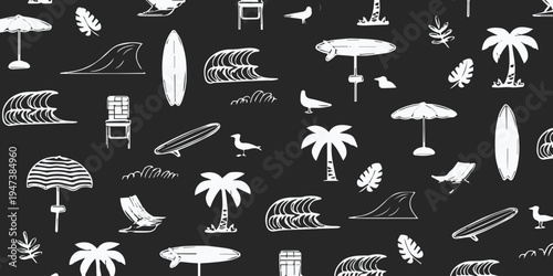 beach seamless pattern palm tree surfboard umbrella lounge chair