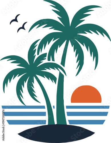 beach island silhouette palms sunrise vector graphic emblem