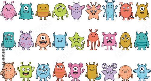 Colorful cartoon monster isolated vector set collection,