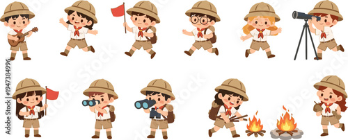 Cute kids explorer character set, little scouts adventure activities, camping children cartoon collection, hiking, telescope, campfire, flat vector illustration