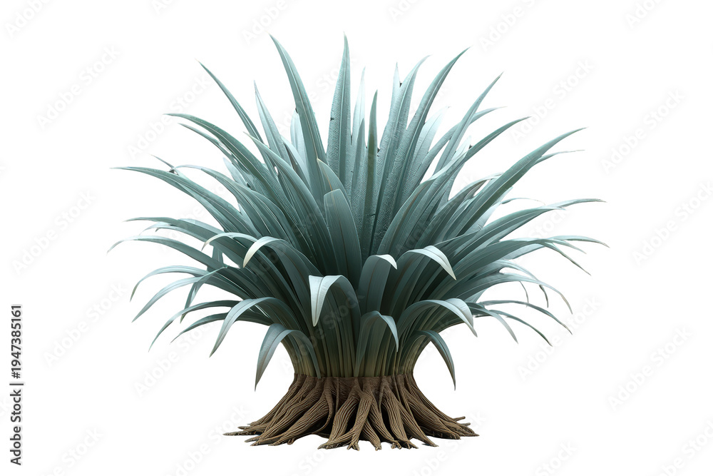 Fototapeta premium Succulent desert plant with blue-green sword-shaped leaves and exposed roots on transparent background