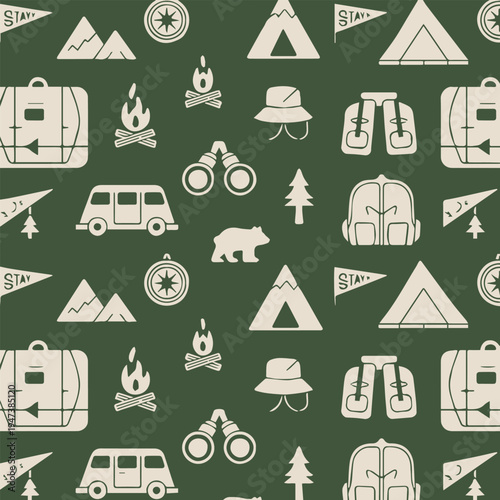camping outdoor adventure pattern trees tents backpacks camper