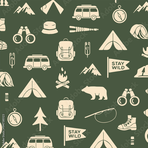 camping vector seamless icons hiking compass bear camper van