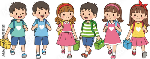 Cute school kids walking with backpacks and lunch boxes vector illustration, happy children students cartoon character collection