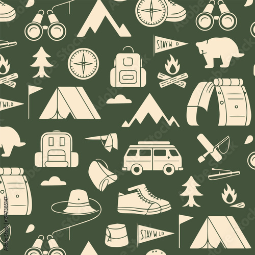 camping seamless pattern outdoor icons for fabric and wallpaper