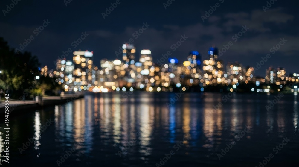 Fototapeta premium Blurry city skyline with colorful lights reflected on water at nighttime urban landscape