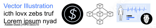 Cryptocurrency, decentralized technology, healthcare analytics, data visualization, digital finance, blockchain. Dollar symbol, blockchain network heart rate and human graphic. Cryptocurrency