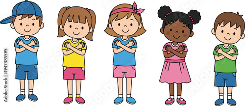 Diverse children hugging themselves vector illustration, multicultural kids showing self love gesture, cute cartoon boys and girls