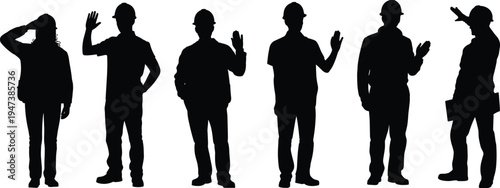 Construction worker silhouettes greeting set, builders wearing safety helmets waving and saluting poses, industrial labor team characters vector illustration isolated on white background