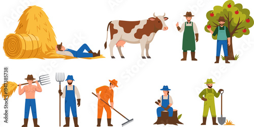 farmers agriculture activities set, cartoon farming characters, rural farm workers with tools animals harvest countryside illustration collection