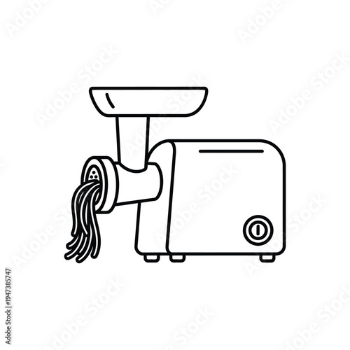 Meat grinder with processed meat coming out of the output pipe isolated on white background line art simple vector illustration