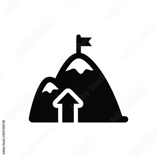 Mountain peak with flag and upward arrow, representing achievement, success, goal, and ambition, overcoming challenges