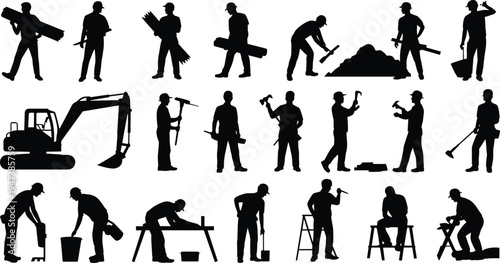 Construction worker silhouettes large collection, builders and laborers with tools and excavator machinery, industrial work activity set, black vector isolated on white background