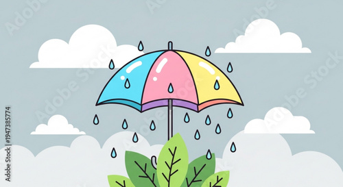 Colorful umbrella protects green leaves from rain under cloudy sky with raindrops