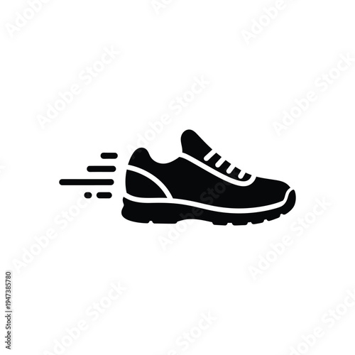Running shoe or sneaker vector illustration, fast movement symbol, athletic footwear for exercise, jogging or training black glyph icon