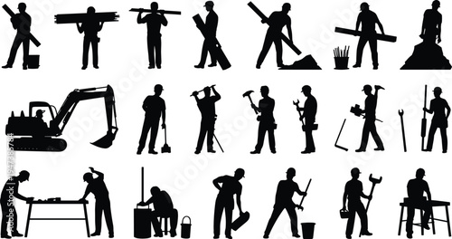 Construction worker silhouettes mega set, builders and laborers with tools and machinery, industrial work activities collection, black vector illustration isolated on white background