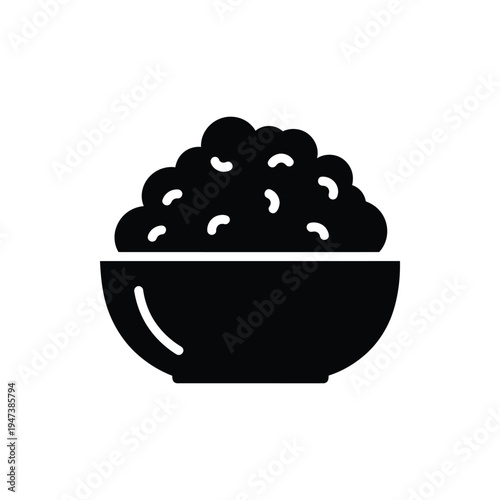 Bowl of rice vector illustration, steamed grains in dish, simple black glyph icon for staple food or healthy meal presentation on white background