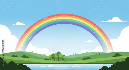 Vibrant rainbow arching over serene landscape with lush green hills trees and a calm lake under a blue sky with fluffy white clouds