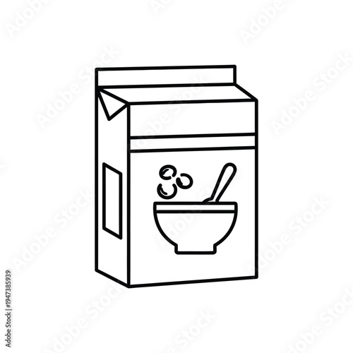 Cereal box packaging outline with a bowl of cereal and spoon, simple drawing for breakfast food and grocery store items