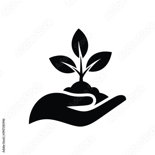 Hand holding a young plant in soil, symbolizing growth, environmental care, agriculture, and new beginnings in nature