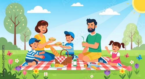 Family having a picnic on a colorful blanket in a sunny meadow with flowers