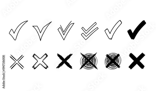 Doodle Tick and Cross Symbols Hand Drawn Check Mark and X Icon Set for Checkbox and Approval Signs Vector