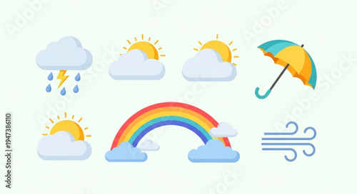 Weather icons set with sunny rainy cloudy and windy conditions rainbow and umbrella