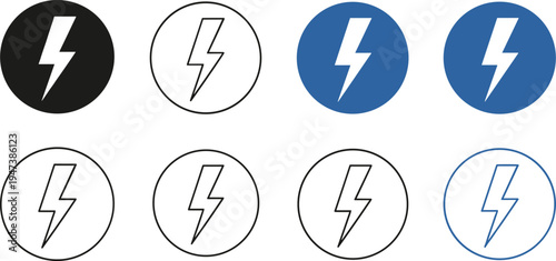 Lightning bolt circle icon set, electric power symbol collection, thunder energy signs, electricity flash icons, modern vector logo design pack