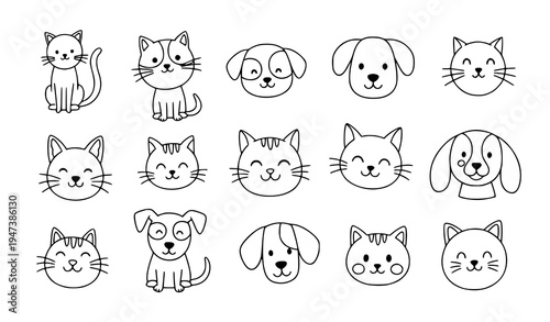 Cute Pet Doodle Set with Cats and Dogs Hand Drawn Outline Animal Faces and Characters Vector Icons