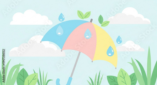 Colorful umbrella with raindrops in a lush green landscape with clouds
