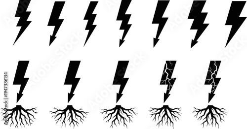 Lightning bolt icon set with roots, electric thunder power symbols collection, electricity energy strike vector silhouette design