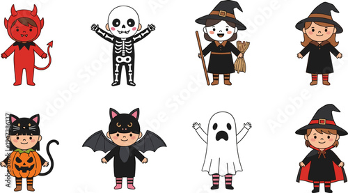 Halloween kids costume characters set, witch ghost skeleton devil bat pumpkin cat costumes, cute cartoon children vector illustration en vector illustration collection