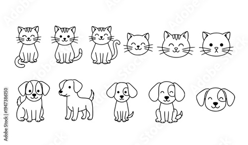 Hand Drawn Cute Dog and Cat Doodle Icons Outline Pet Faces and Animals Line Clipart Set Vector