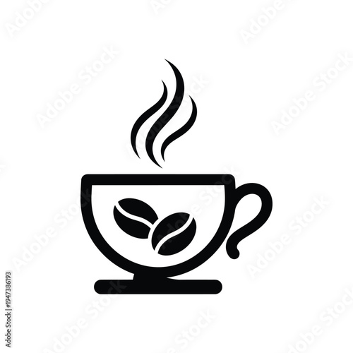 Steaming coffee cup icon with coffee beans inside, hot beverage symbol for cafe and restaurant, representing morning energy and warm refreshment