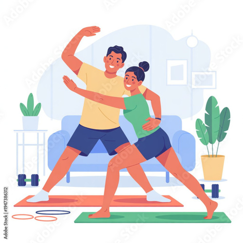 Young man and woman performing stretching exercises and yoga poses in a cozy home environment illustration