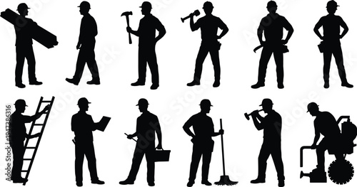Construction worker silhouettes set, builders carrying timber holding hammer climbing ladder cleaning and operating machinery, industrial handyman labor vector illustration isolated