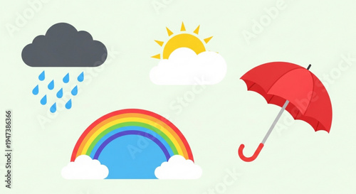 Weather icons set with umbrella rainbow sun rain and clouds symbolizing changing climate conditions and forecast