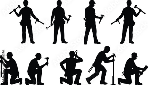 Construction worker silhouettes set, builders using hammer, wrench and tools in standing and kneeling working poses, industrial labor vector illustration collection