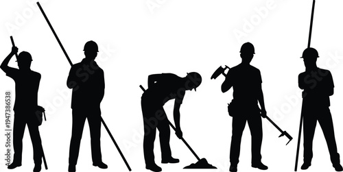 Construction worker silhouettes set, builders with tools and digging poses, industrial labor characters collection, black vector illustration isolated on white background